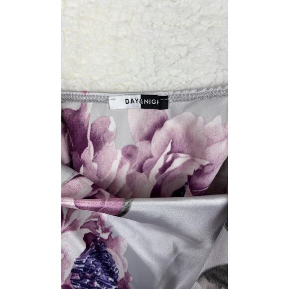 Floral Satin Slip Dress Women’s M/L Silver Purple Cowl Neck - Picture 3 of 7